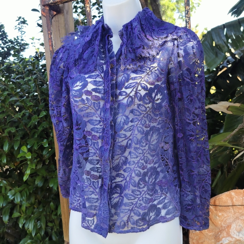 80s Vintage Renaissance Romance Blue Lace Women's Top XS/S